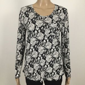 👛 2/$20 JOE FRESH Long Sleeved Black:Grey Floral Motif Pull On Blouse, Small